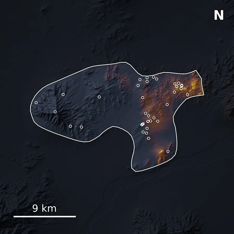 Ranked prospectivity surface for the Ten Mile district, with known gold occurrences overlaid.