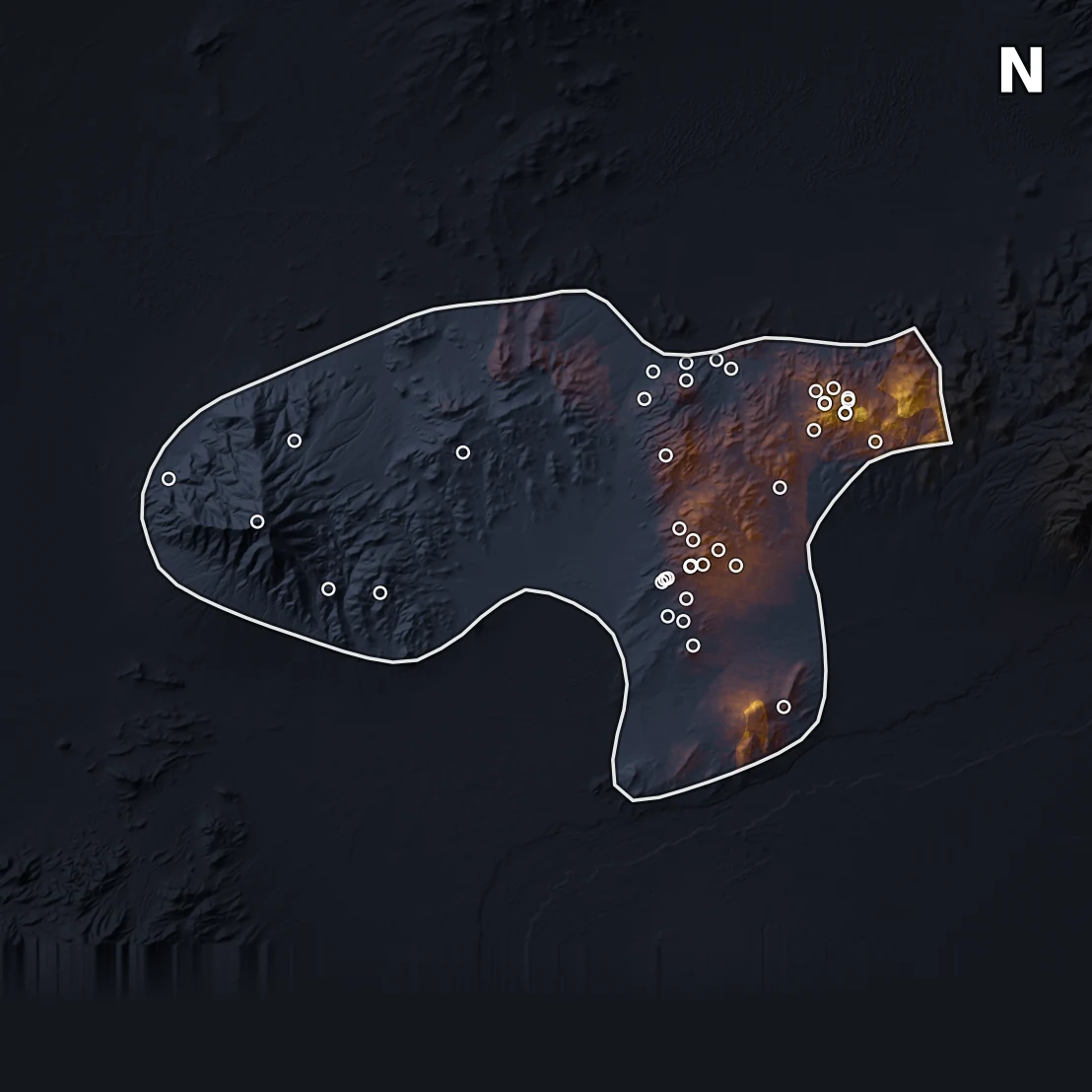 Ranked prospectivity surface over a district in northwestern Nevada, with known gold occurrences marked as open circles.